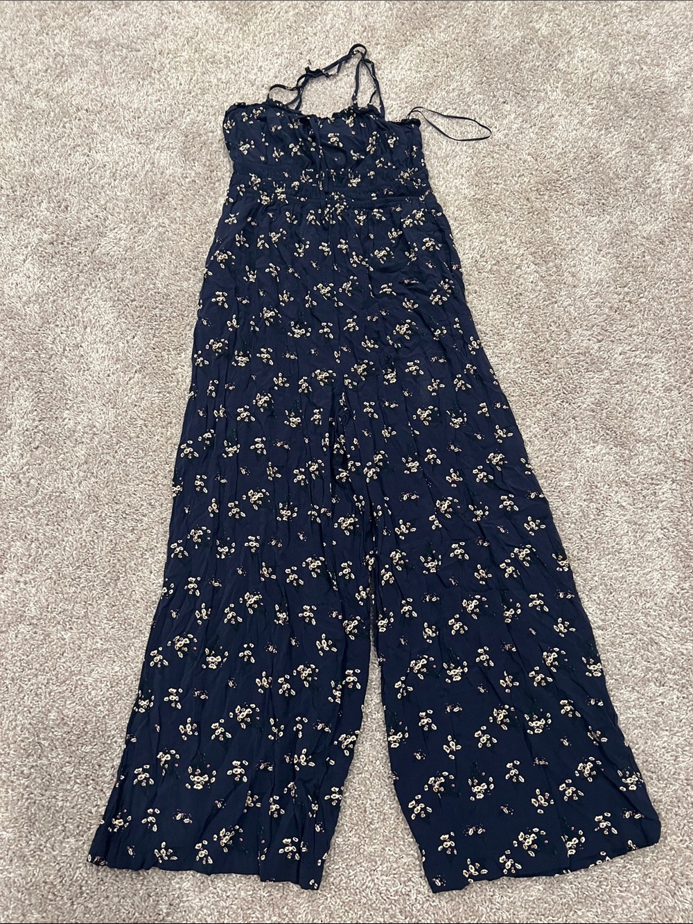 Navy Floral Wide-Leg Jumpsuit with Adjustable Straps